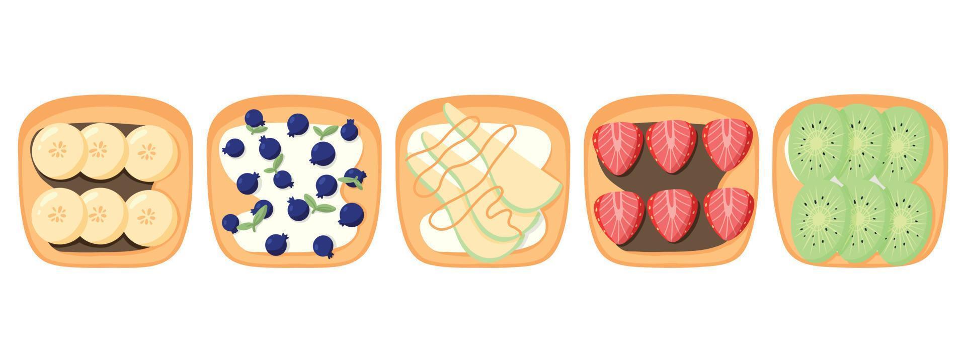 un conjunto de sándwiches con frutas y bayas. tostadas dulces con plátano, fresa, pera, arándano y kiwi.ilustración vectorial.desayunos saludables. vector