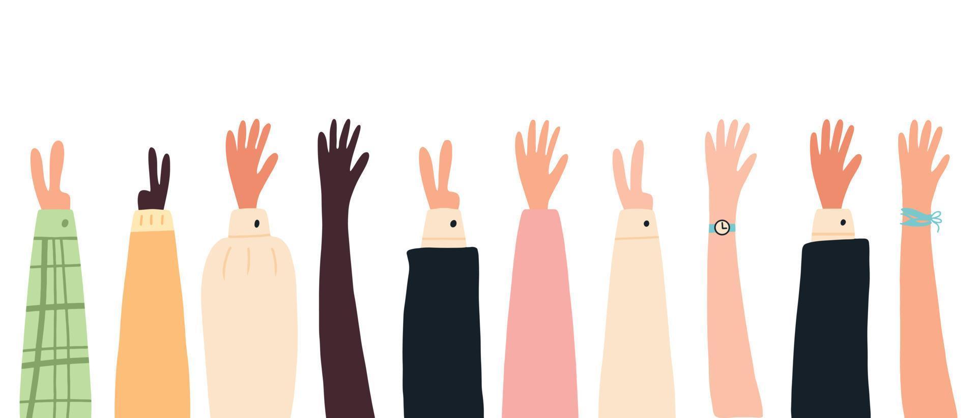 Set of raised hands. A group of diverse human weapons. The concept of the international volunteer community. Teamwork, collaboration, voting, volunteer concert. Vector illustration