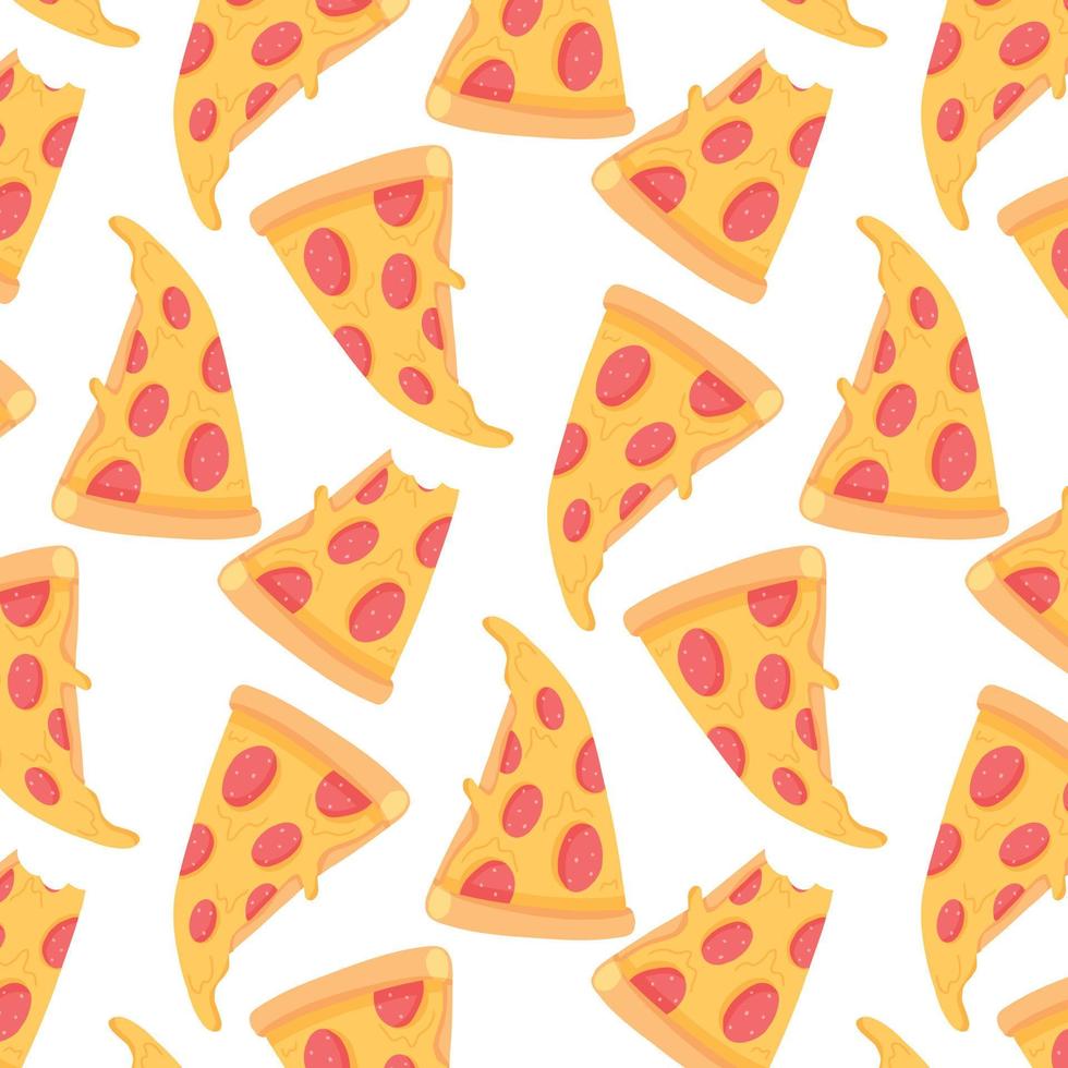 sin fisuras con rebanadas de pizza de pepperoni. patrón con pizza de salami. ilustración vectorial estilo de dibujos animados patrón con comida rápida. vector