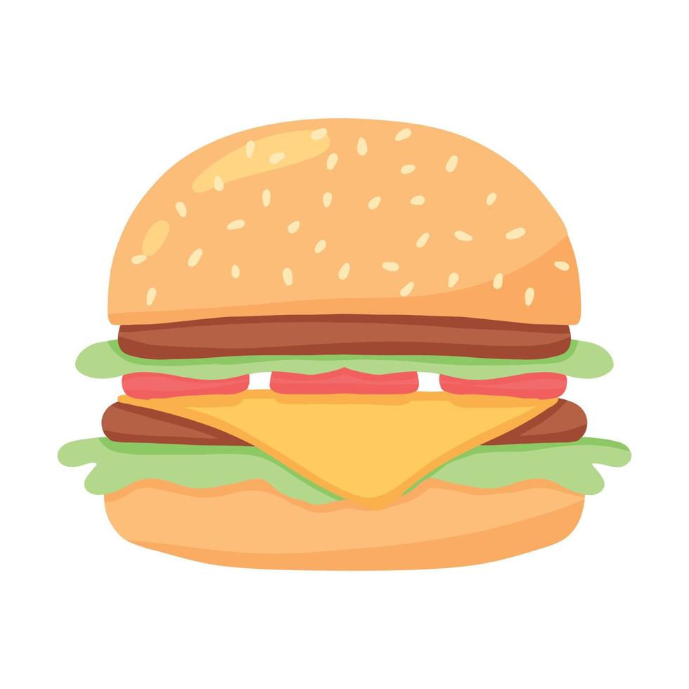 Juicy burger. Delicious hamburger with tomato. Vector illustration in cartoon style.