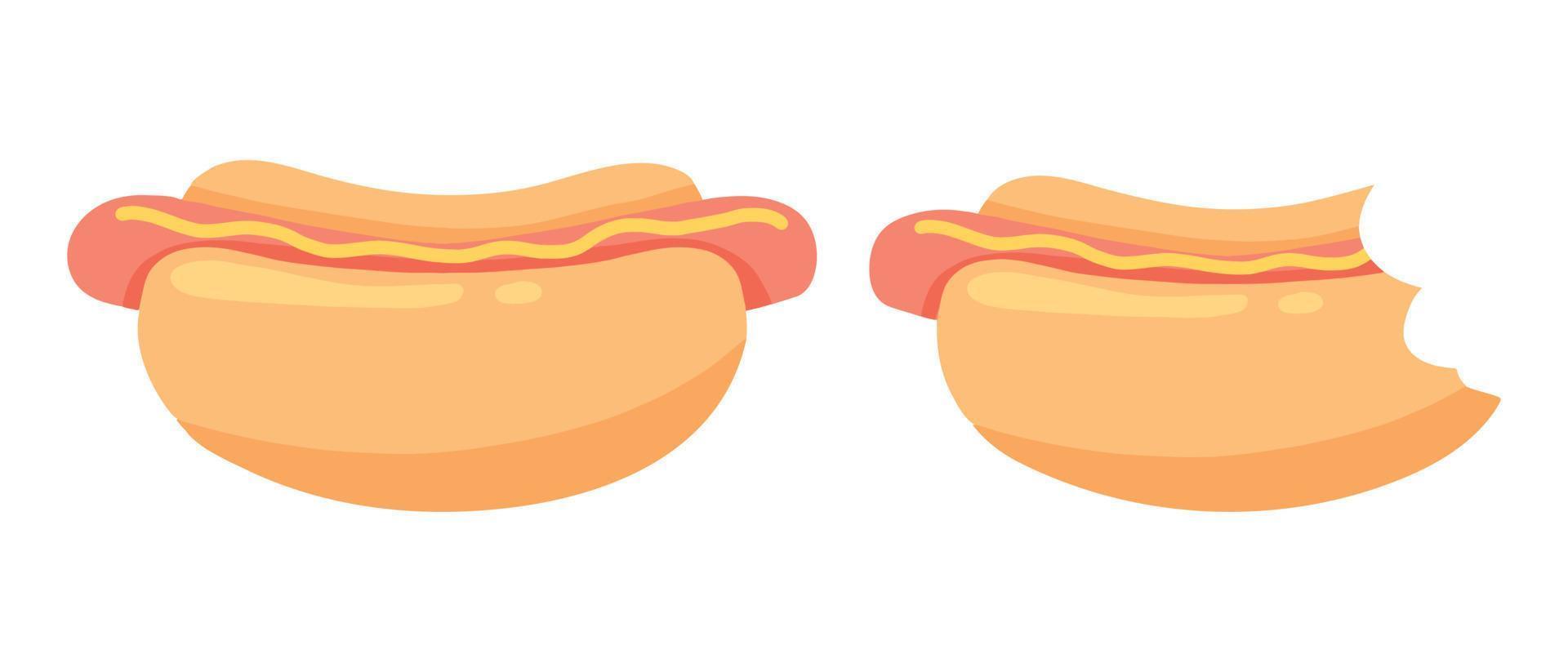 Hot Dog . Bun with sausage and mustard. Fast food. Vector illustration in cartoon style. Street food. Whole and bitten hot dog.