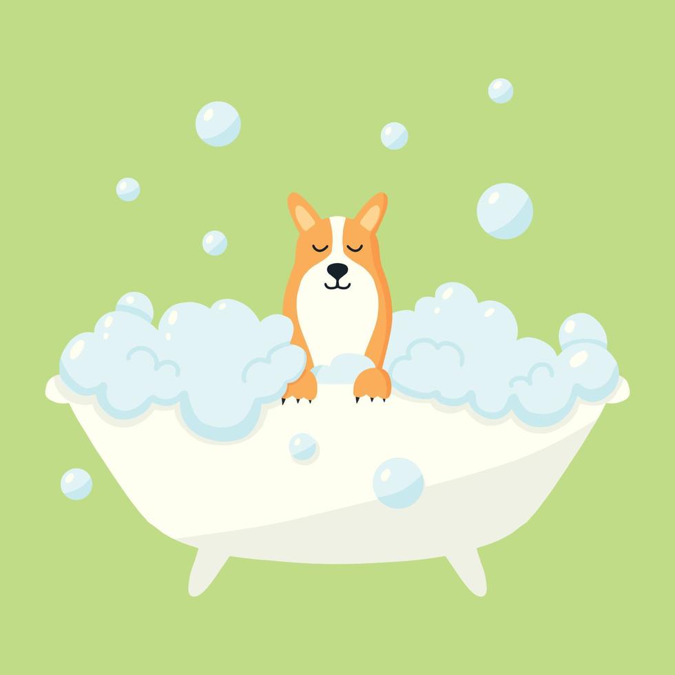 Dog in a bubble bath. Pet care. Bathing the dog in the bathroom. Vector illustration in cartoon style.