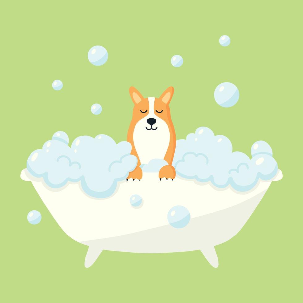 perro en un baño de burbujas. cuidado de mascotas. bañar al perro en el baño. ilustración vectorial en estilo de dibujos animados. vector