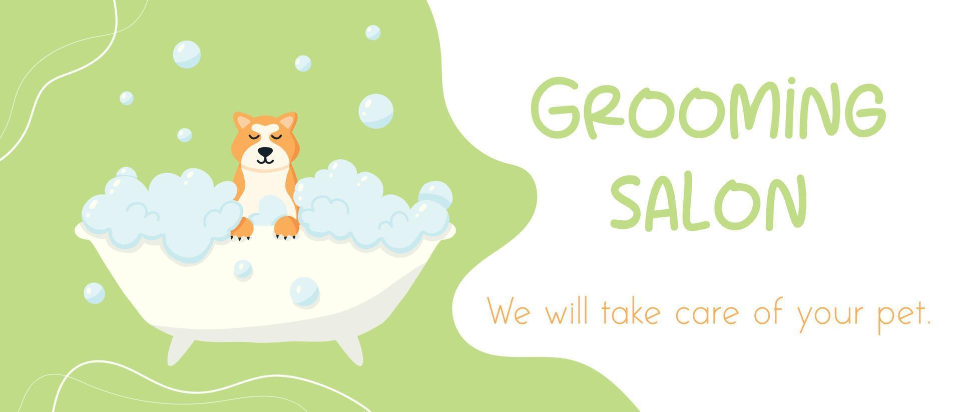 Grooming salon. Banner for grooming salon. Vector illustration in cartoon style. Cute akita in a bubble bath. Pet care.