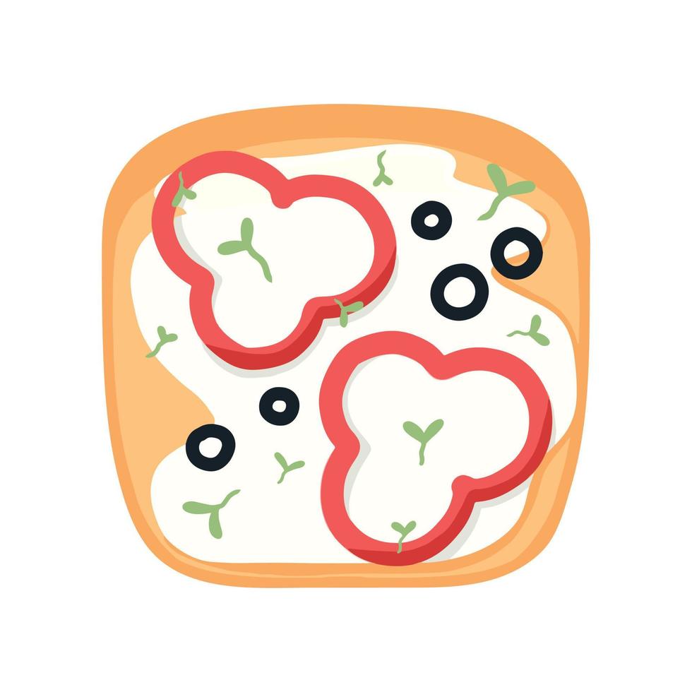 sándwich con pimientos, aceitunas y requesón. tostadas con verduras. comida vegetariana. ilustración vectorial en estilo de dibujos animados. desayuno saludable vector