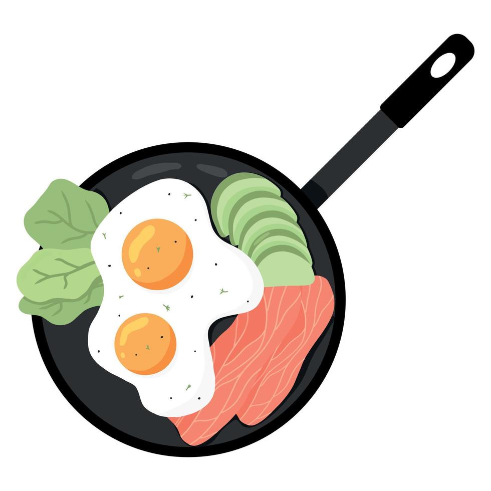 Scrambled Eggs in a pan. Fried Eggs with vegetables and fish Vector illustration in cartoon style. English delicious Breakfast. Omelet with Avocado and Fish.