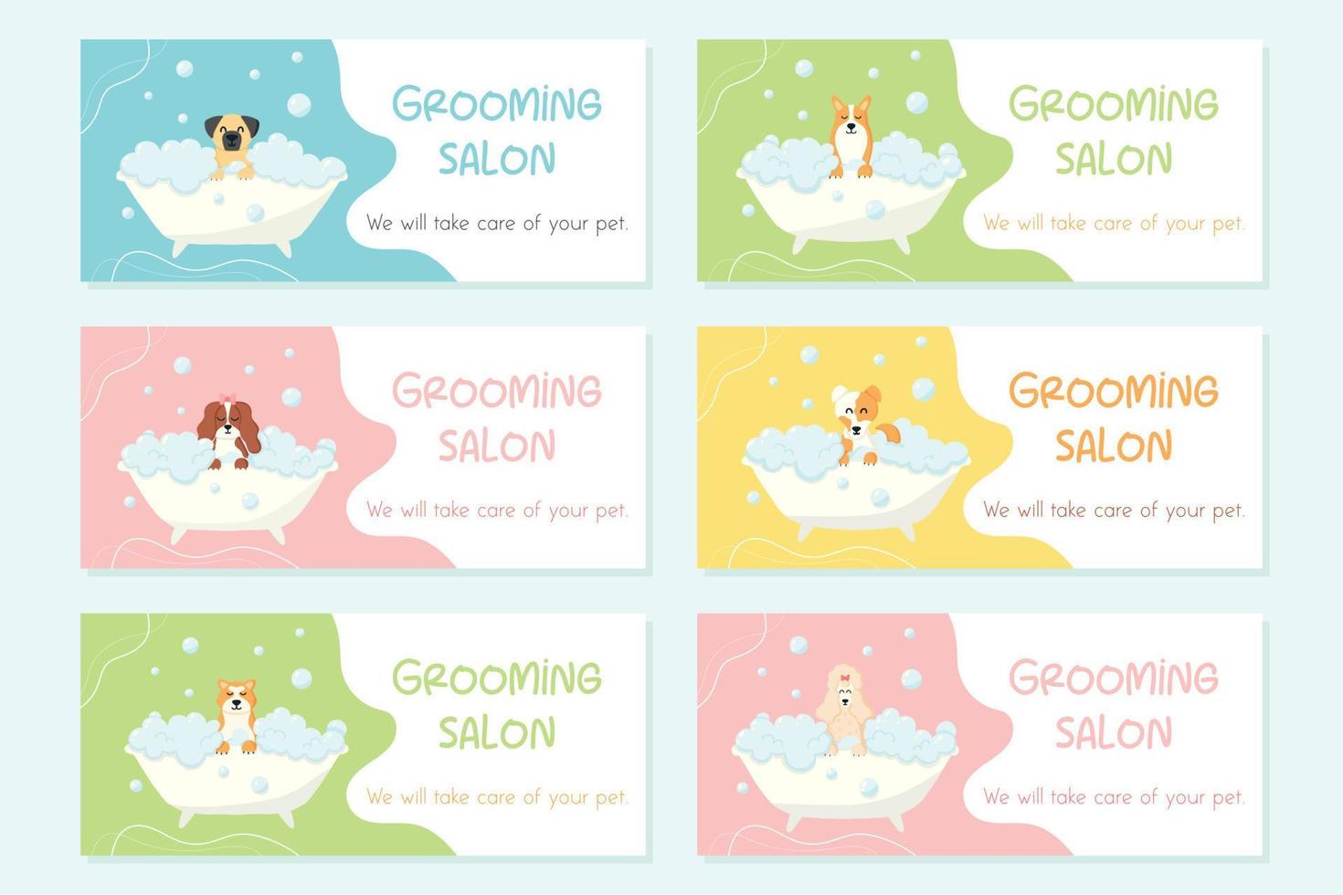 Grooming salon. Set of banner for beauty salon. Vector illustration in cartoon style. Cute dogs in a bubble bath. Animal care.