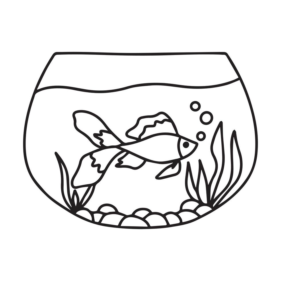 Goldfish in an aquarium. Vector illustration . Doodle style. Two goldfish. Aquarium with algae.