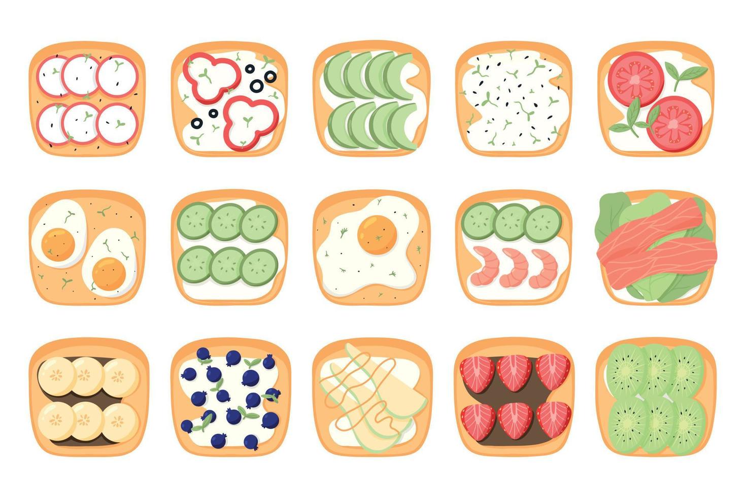 Set of sandwiches with vegetables. Toast with eggs, tomatoes, shrimp, fish, cucumbers, avocado. A set of sandwiches with fruits and berries. Vector illustration.Healthy breakfasts.