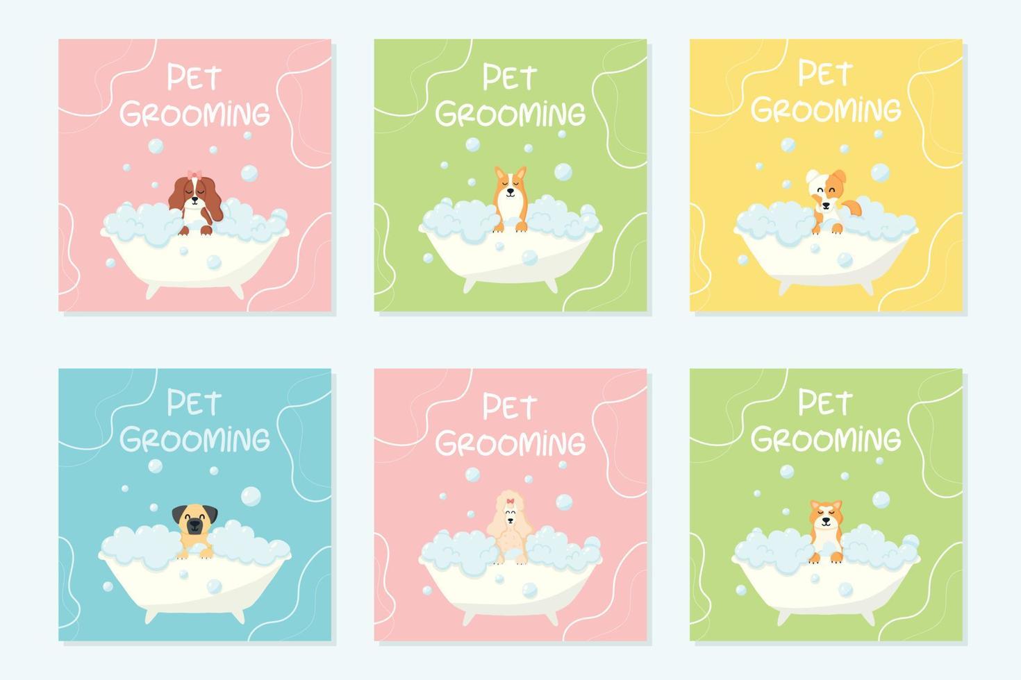 Grooming salon. Set of banner for beauty salon. Vector illustration in cartoon style. Cute dogs in a bubble bath. Animal care.