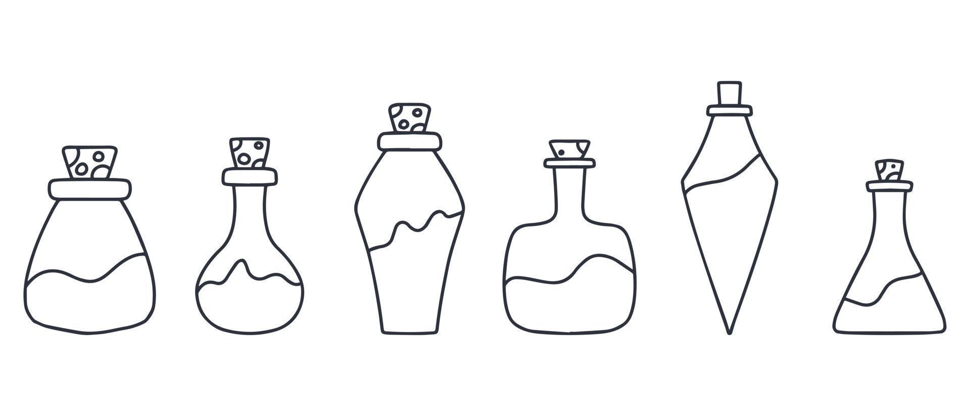 A set of magical bottles. A set of jars of poison. Vector illustration. Doodle style.