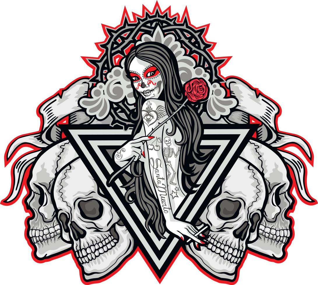 cartel gótico con calavera y niña con maquillaje de calavera, camisetas de diseño vintage grunge vector
