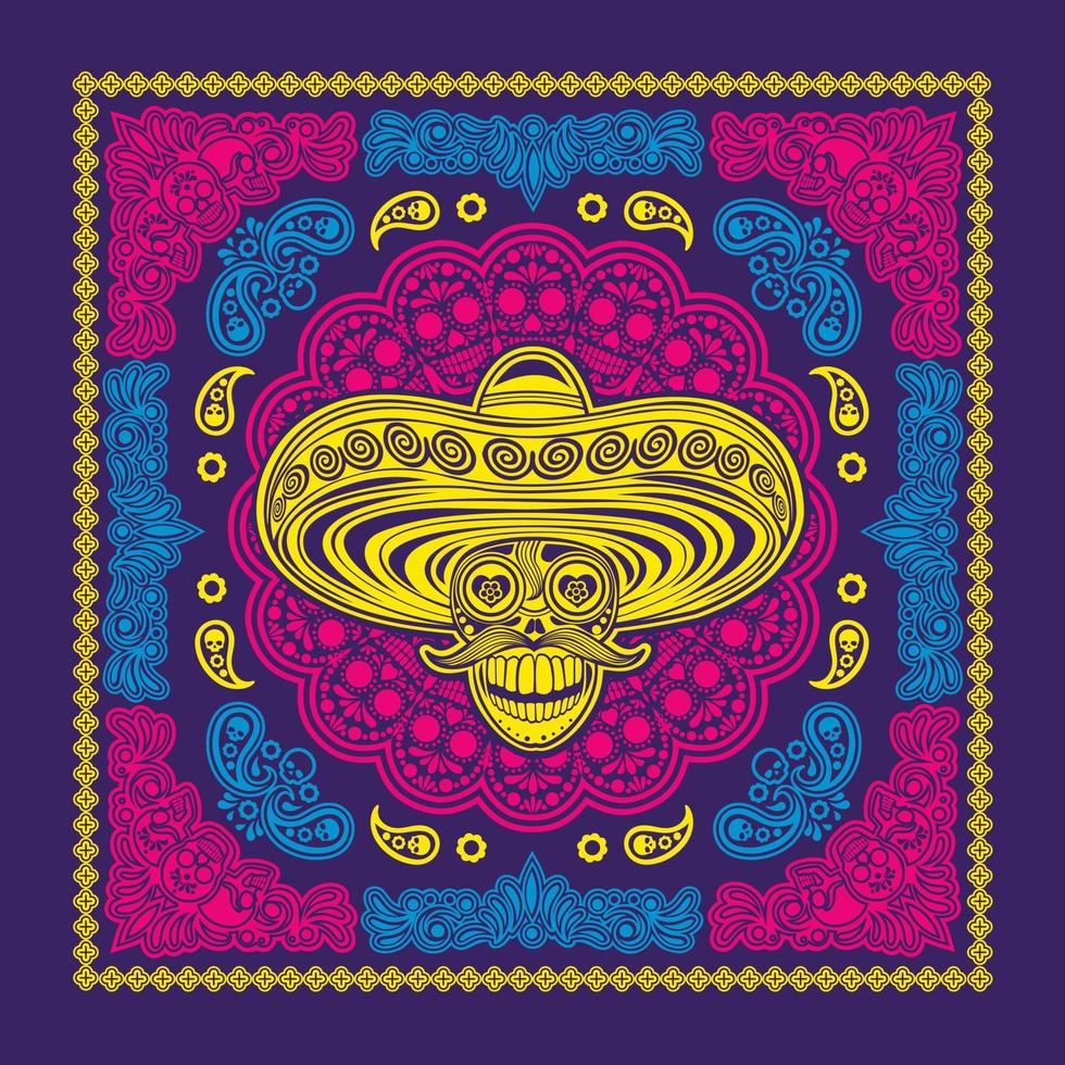 bandana con calavera de azúcar mexicana y paisley, camisetas de diseño vintage vector