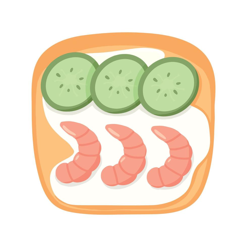 sándwich con pepino y camarones. tostadas de camarones. ilustración vectorial en estilo de dibujos animados. desayuno saludable vector