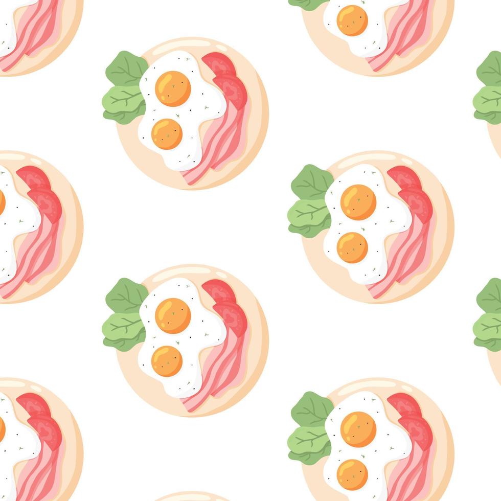 Pattern with fried eggs. pattern with scrambled eggs and bacon on a plate. Vector illustration in cartoon style.