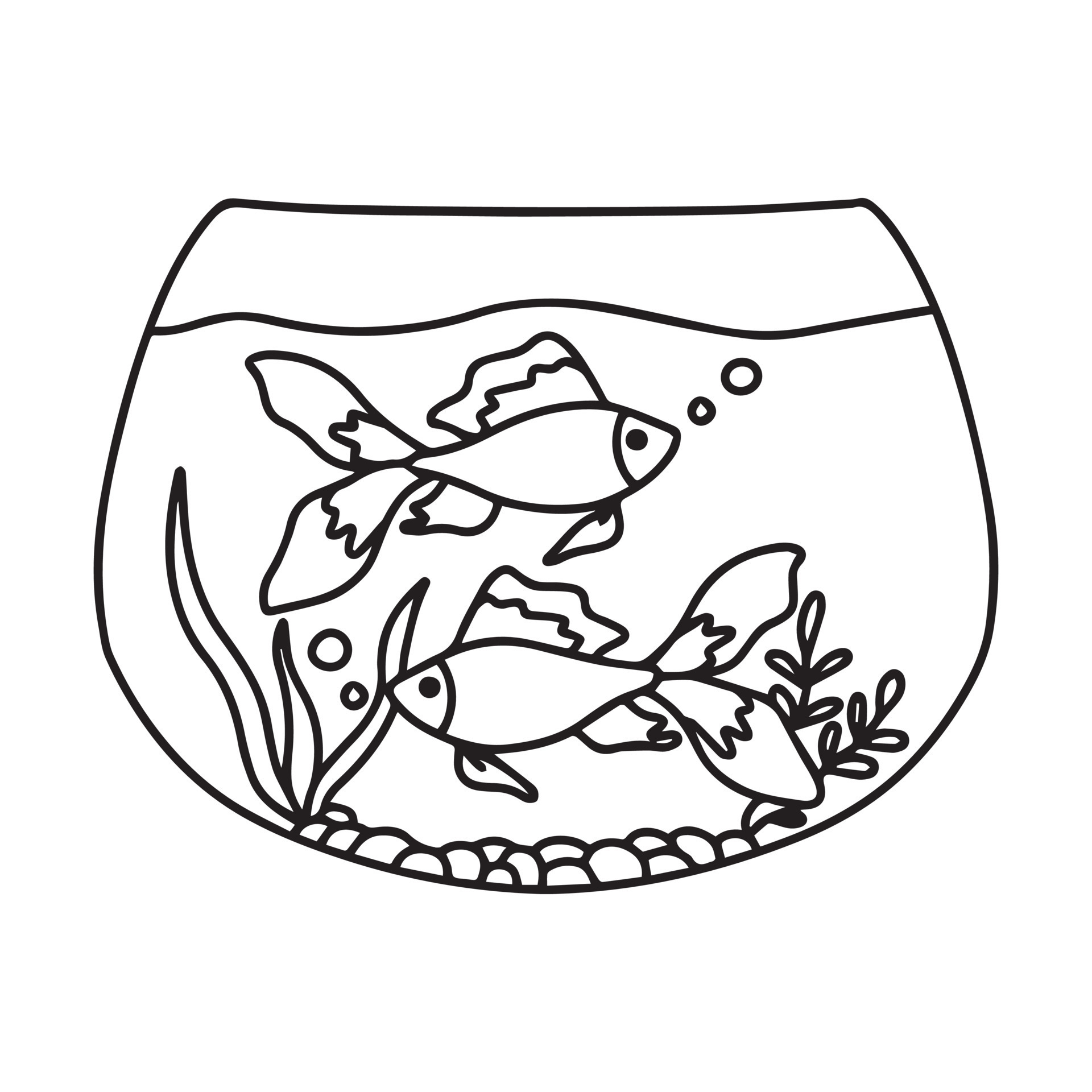 acuario de ilustración con peces dorados sobre fondo blanco. silueta  vectorial de peces dorados con agua, algas, arena y piedras al estilo de  las caricaturas. 8977448 Vector en Vecteezy