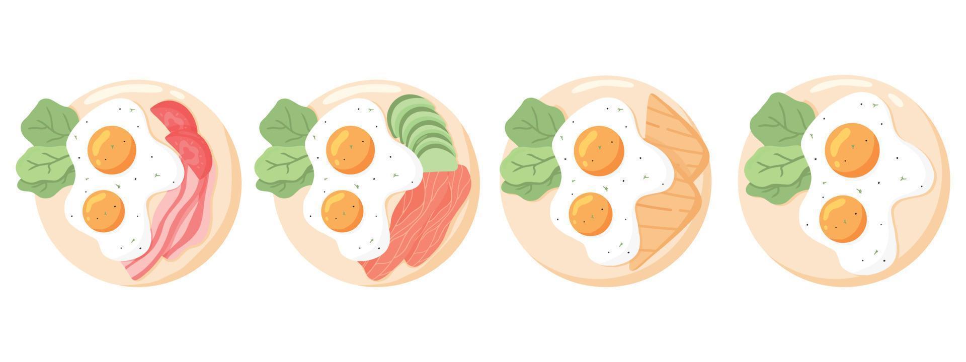 A set of fried eggs on plates. Various eggs. Different English breakfasts.Vector illustration in cartoon style. Fried eggs with bacon, fish, vegetables, toast. vector