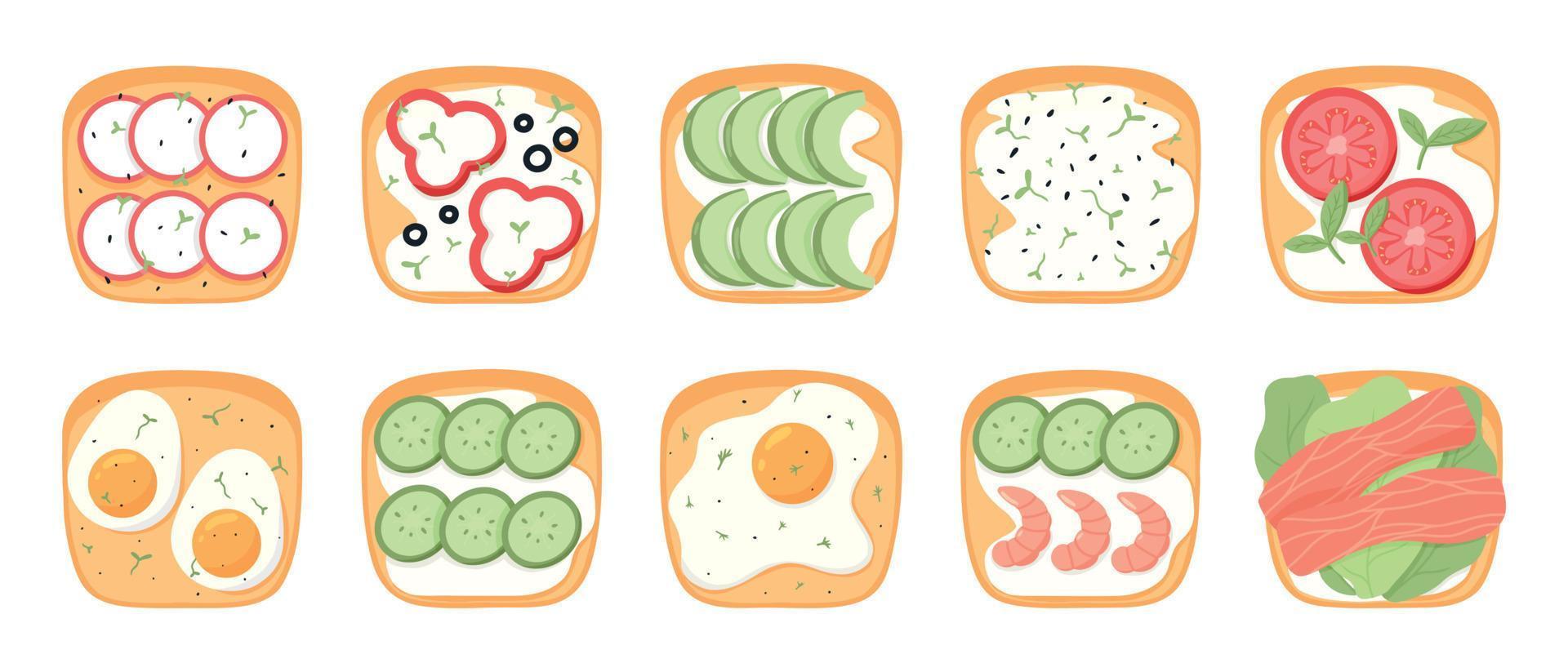 Set of sandwiches with vegetables. Toast with eggs, tomatoes, shrimp, fish, cucumbers, avocado. Vector illustration. Healthy breakfasts.