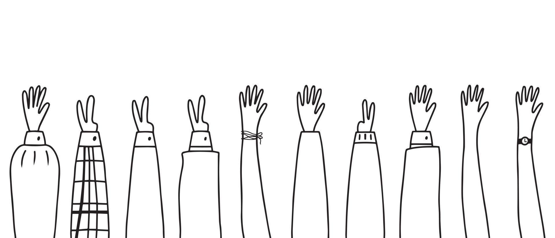 Set of raised hands. A group of diverse human weapons. The concept of the international volunteer community. Teamwork, collaboration, voting, volunteer concert. Doodle style. Vector illustration