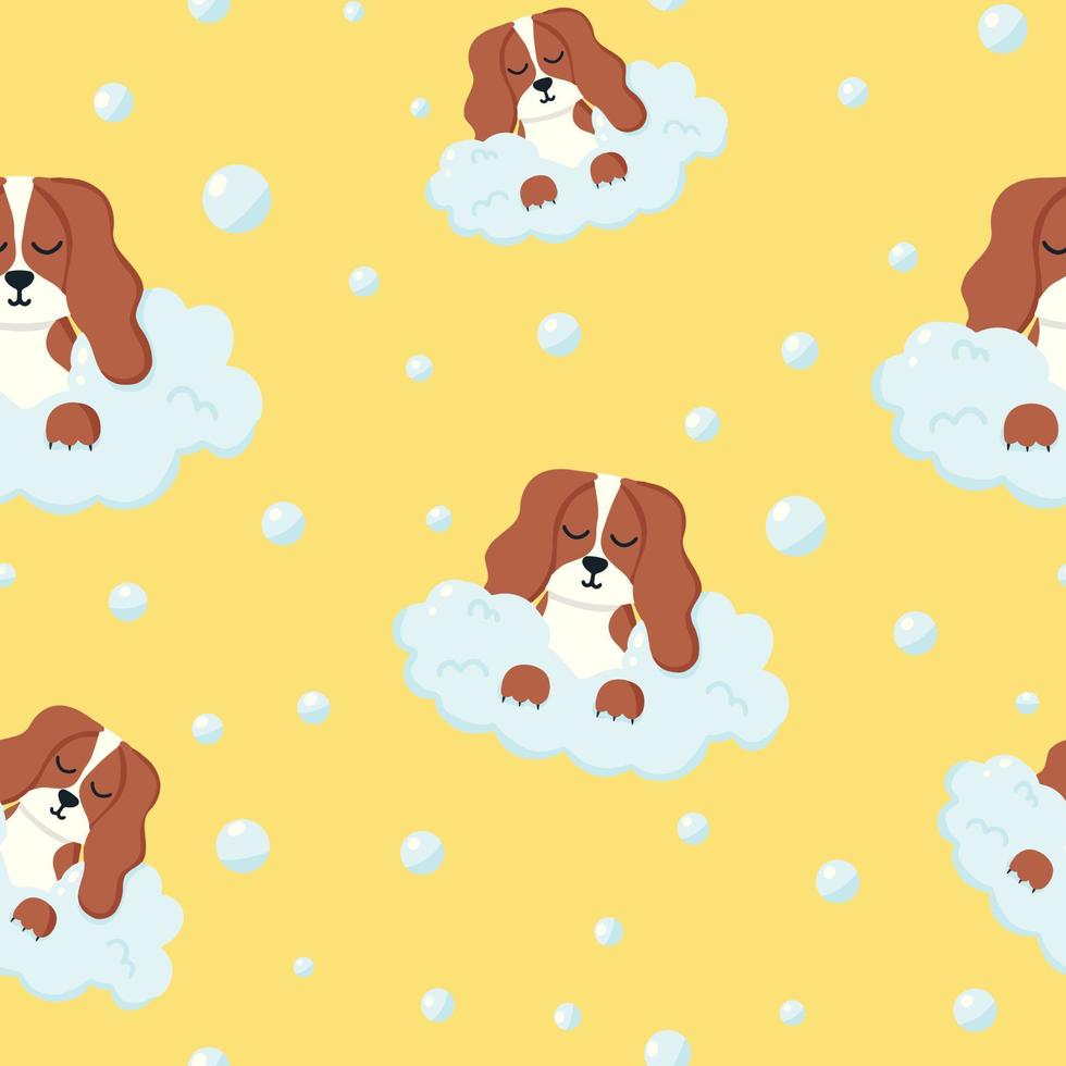 Pattern with a cute dog in the foam. Dog in foam. Vector illustration.