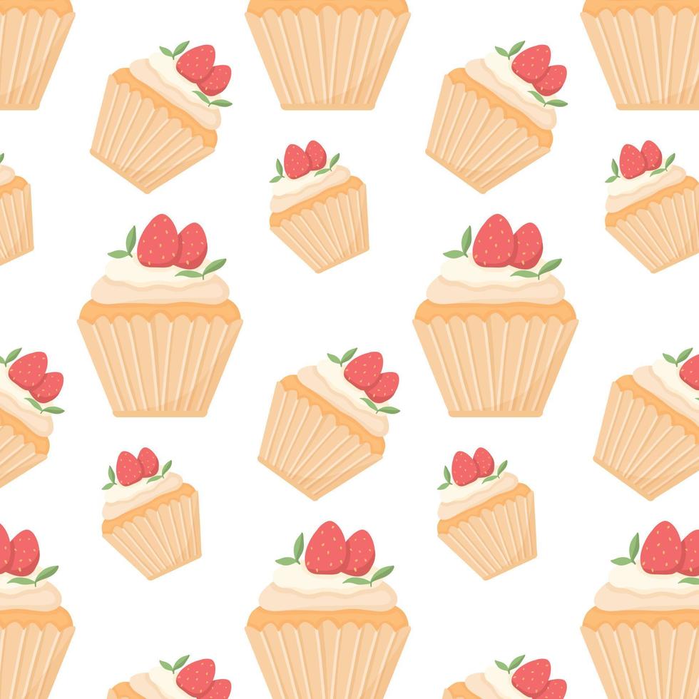 sin fisuras con cupcake y fresas. sin fisuras con bollo y crema. ilustración vectorial en estilo de dibujos animados. vector