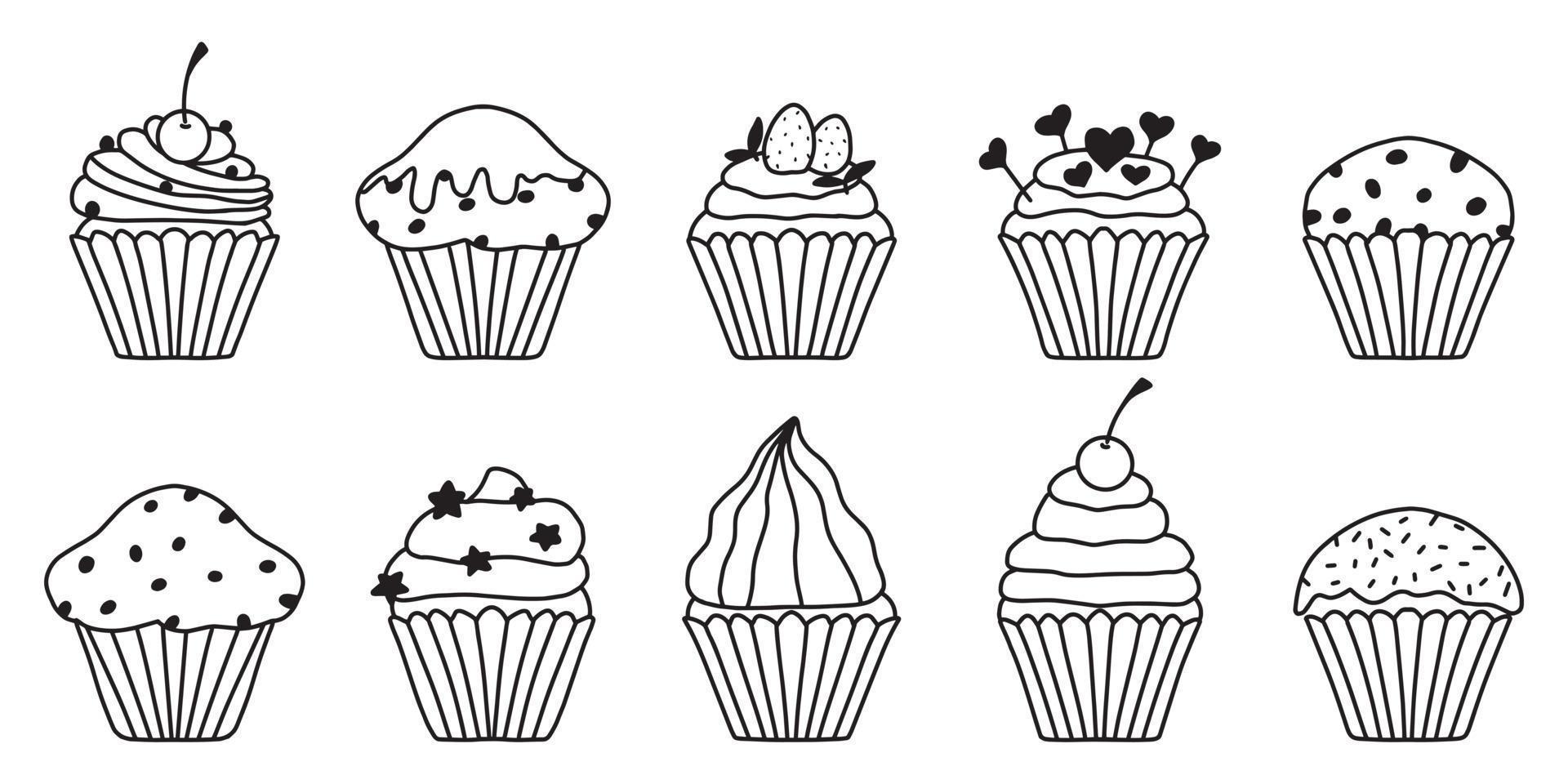 conjunto de cupcakes en estilo garabato. una hermosa colección de muffins con cereza, fresas, crema. chocolate. ilustración vectorial vector