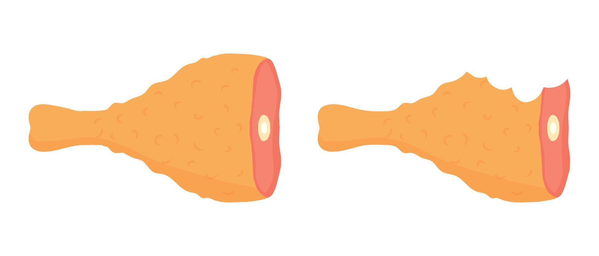 Fried chicken leg. Fast food chicken. Vector illustration in cartoon style.Whole and bitten chicken.