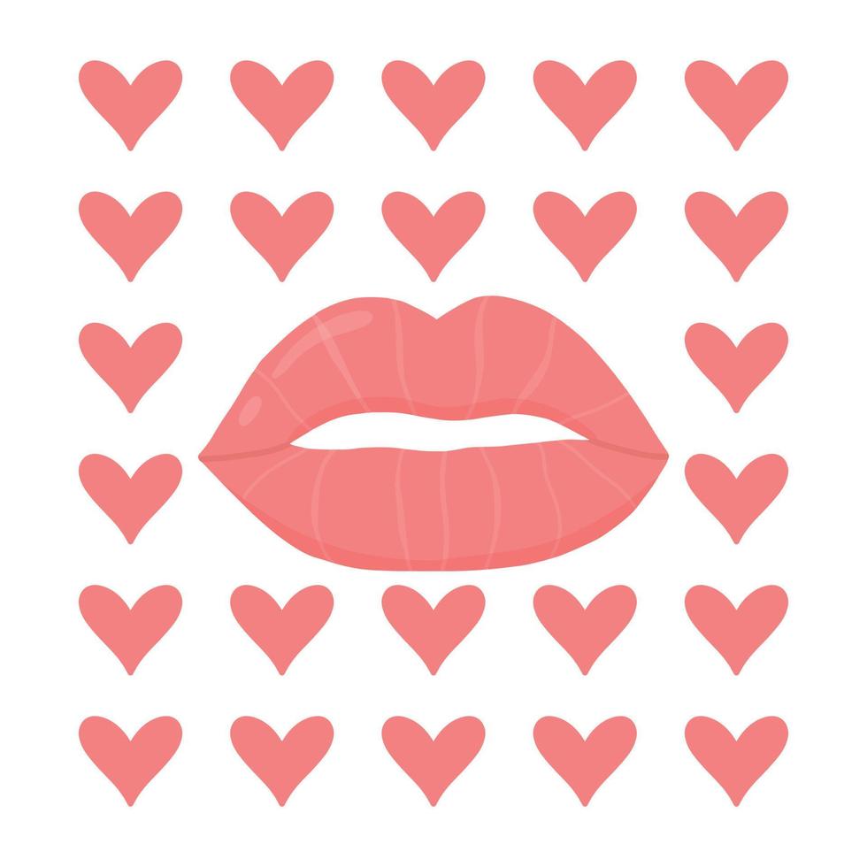 Postcard with red lip. Women's beautiful lips. World Kissing Day. Vector illustration.