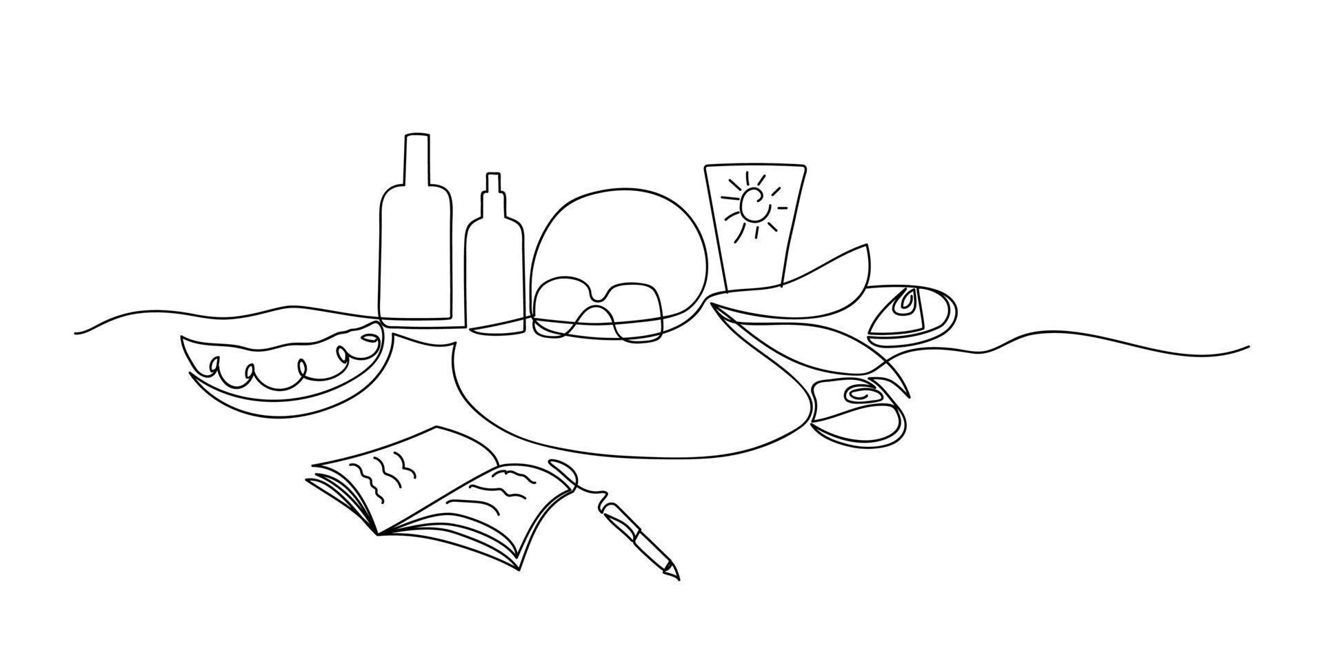 Continuous one line drawing of woman's beach hat, sunglasses, sunscreen, slippers, notepad, pen, watermelon wedge. Summer vacation concept. Minimalist art. Vector illustration.