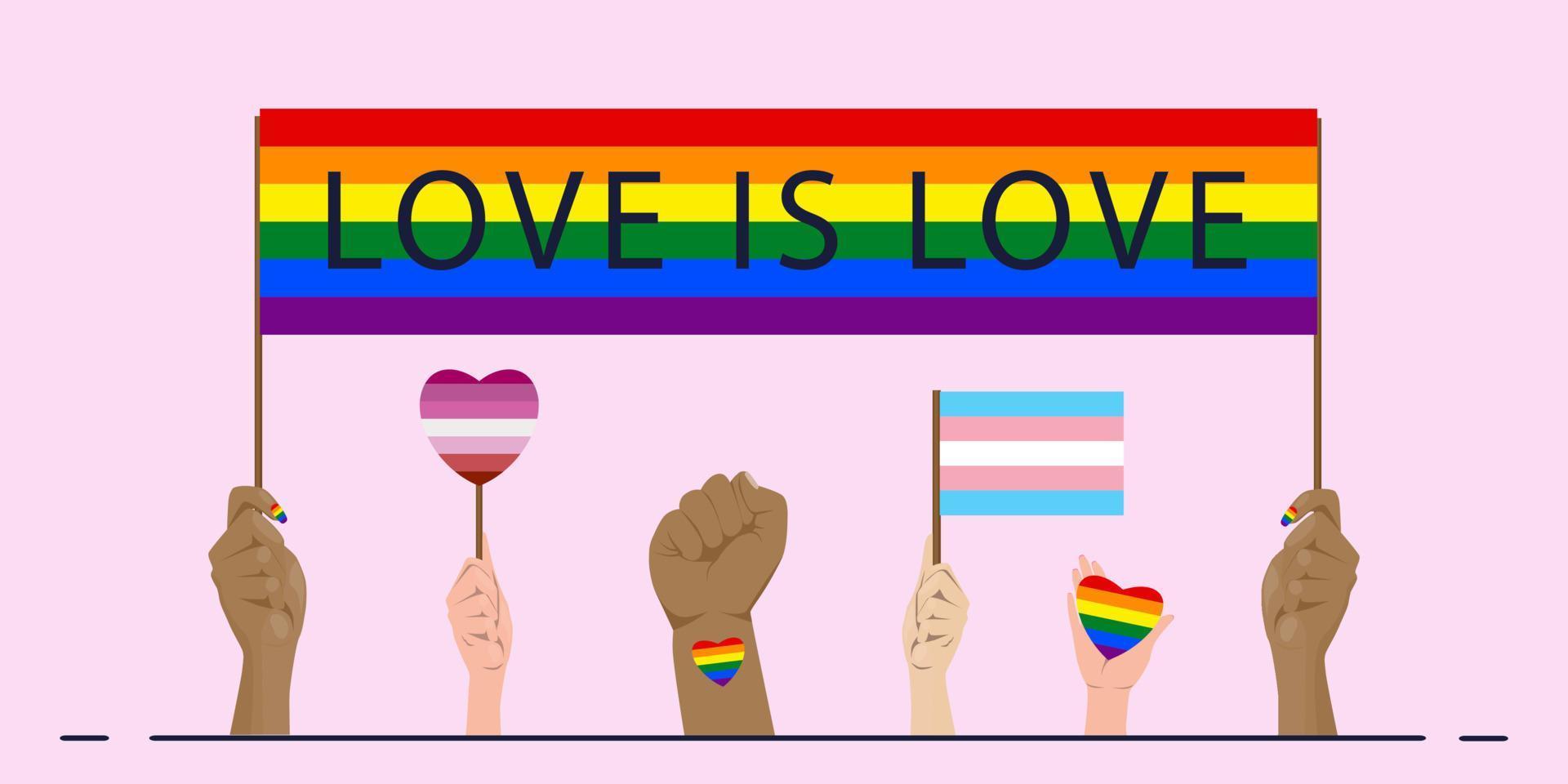 Different people's hands are holding gay, lesbian, transgender flags on the pink background. Quote Love is Love. Happy pride month. Vector illustration.