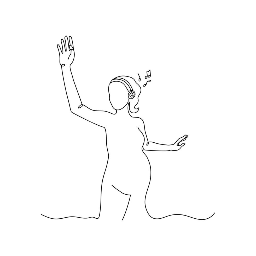 One line silhouette of pregnant woman dancing to music. Human sketch. Continuous line drawing art. Minimal. Vector illustration.