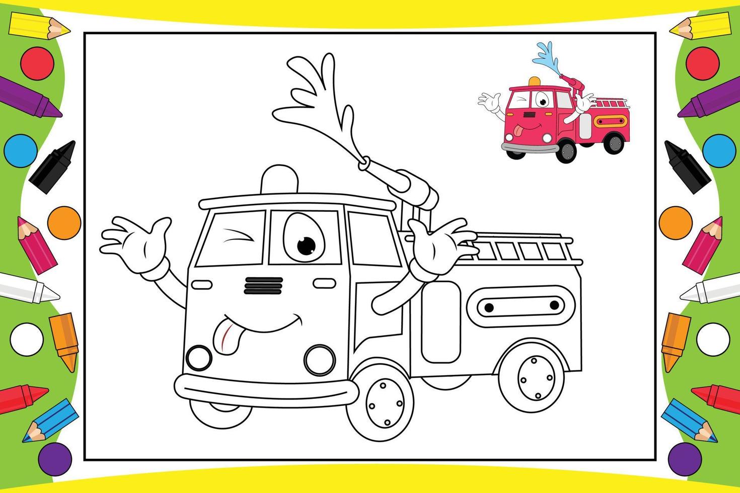 coloring firefighter truck cartoon for kids vector