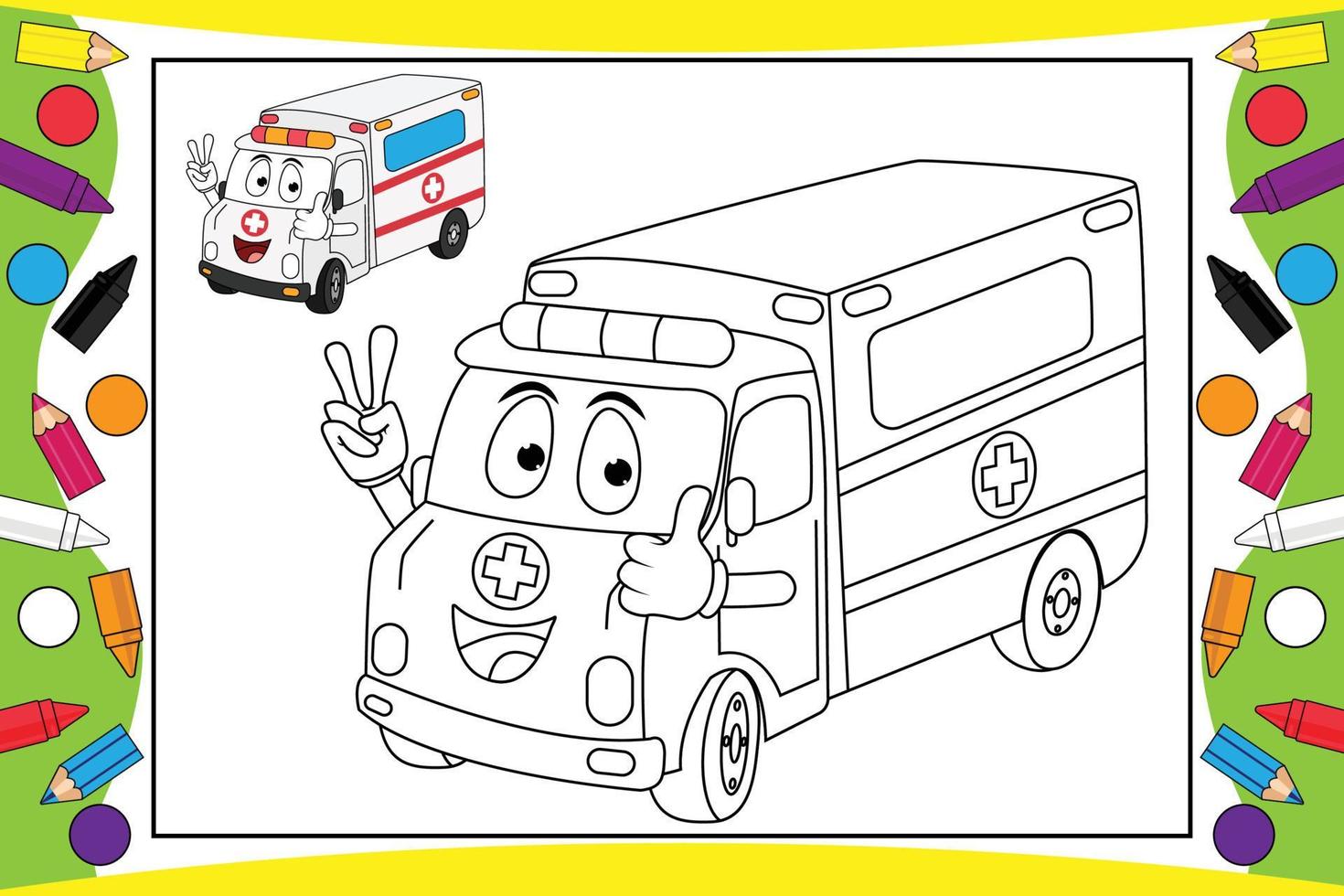 colorear dibujos animados de ambulancia para niños vector