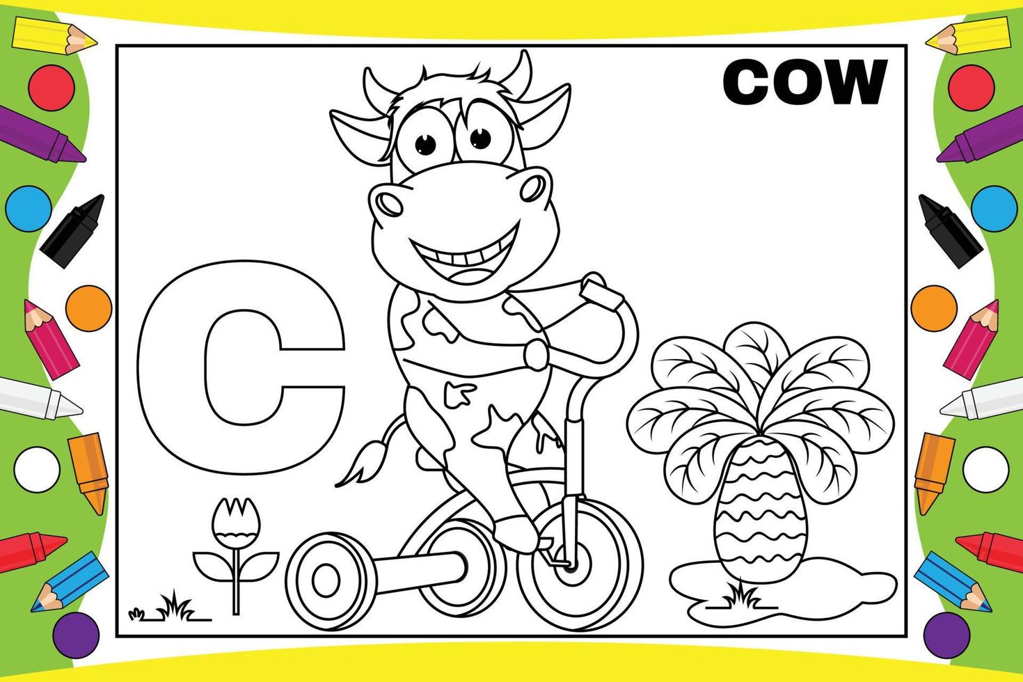 coloring cow cartoon with alphabet for kids vector