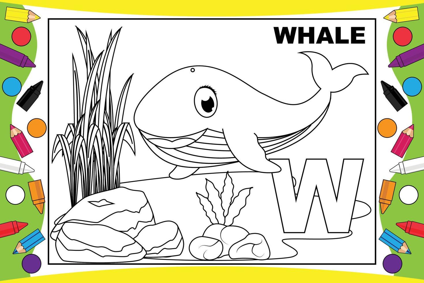 dibujos animados de ballenas para colorear con alfabeto para niños vector