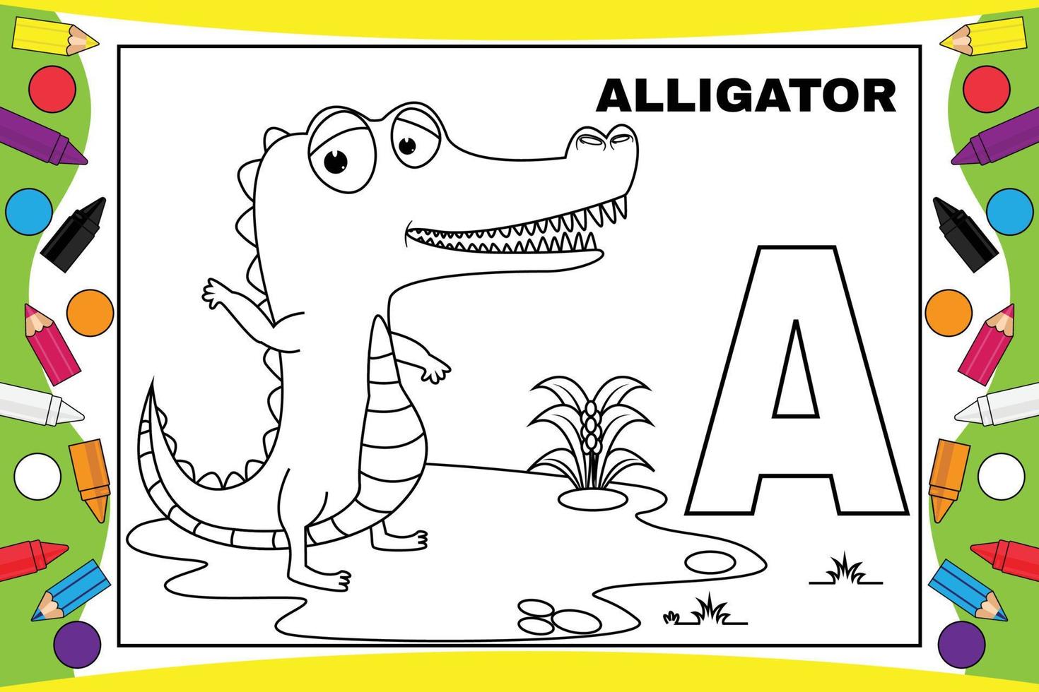 coloring alligator cartoon with alphabet for kids vector