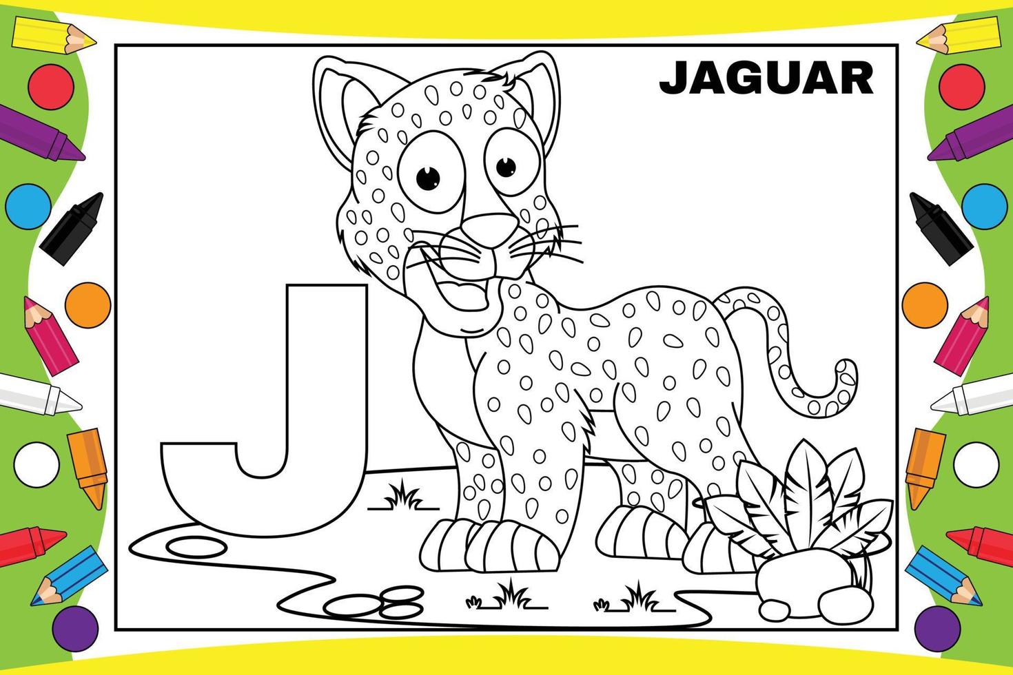 colorear dibujos animados de jaguar con alfabeto para niños vector