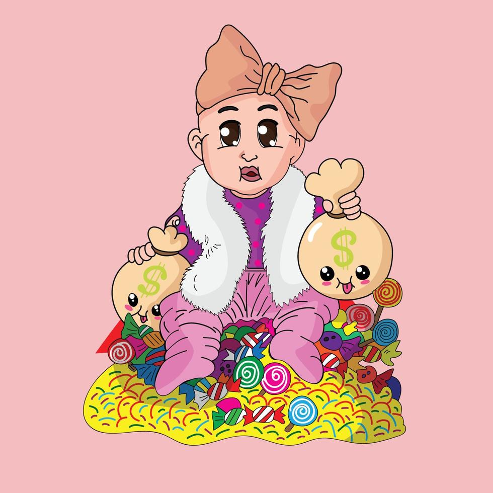 cartoon cute baby with candy and money bag vector