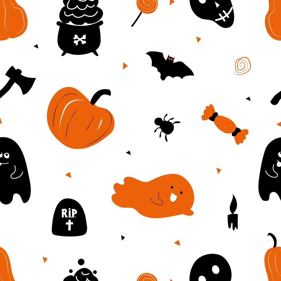 halloween patten seamless. On white background pumpkin, lollipop, spider, skull, ghosts. Stylish ornament in minimalistic design. Printing on fabric and paper. Vector hand drawn illustration