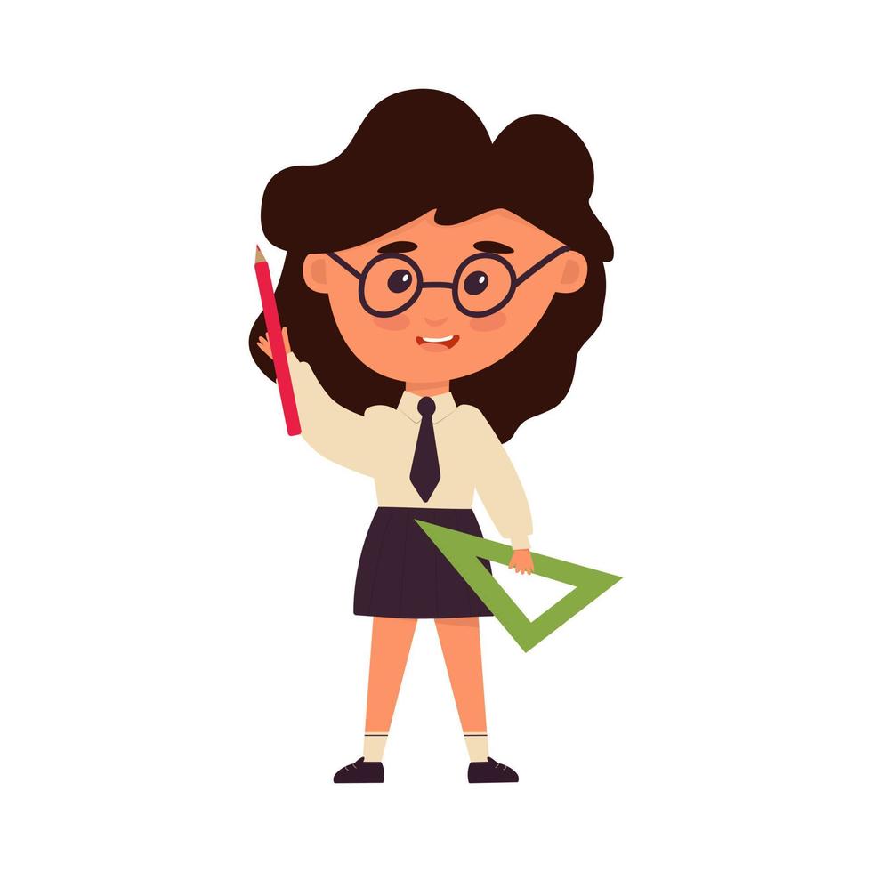 colegiala en uniforme. personaje de dibujos animados alegre. chica sostiene lápiz y regla. De vuelta a la escuela. aislado sobre fondo blanco. imágenes prediseñadas para el diseño de tarjetas, carteles, pancartas. ilustración vectorial, plano vector