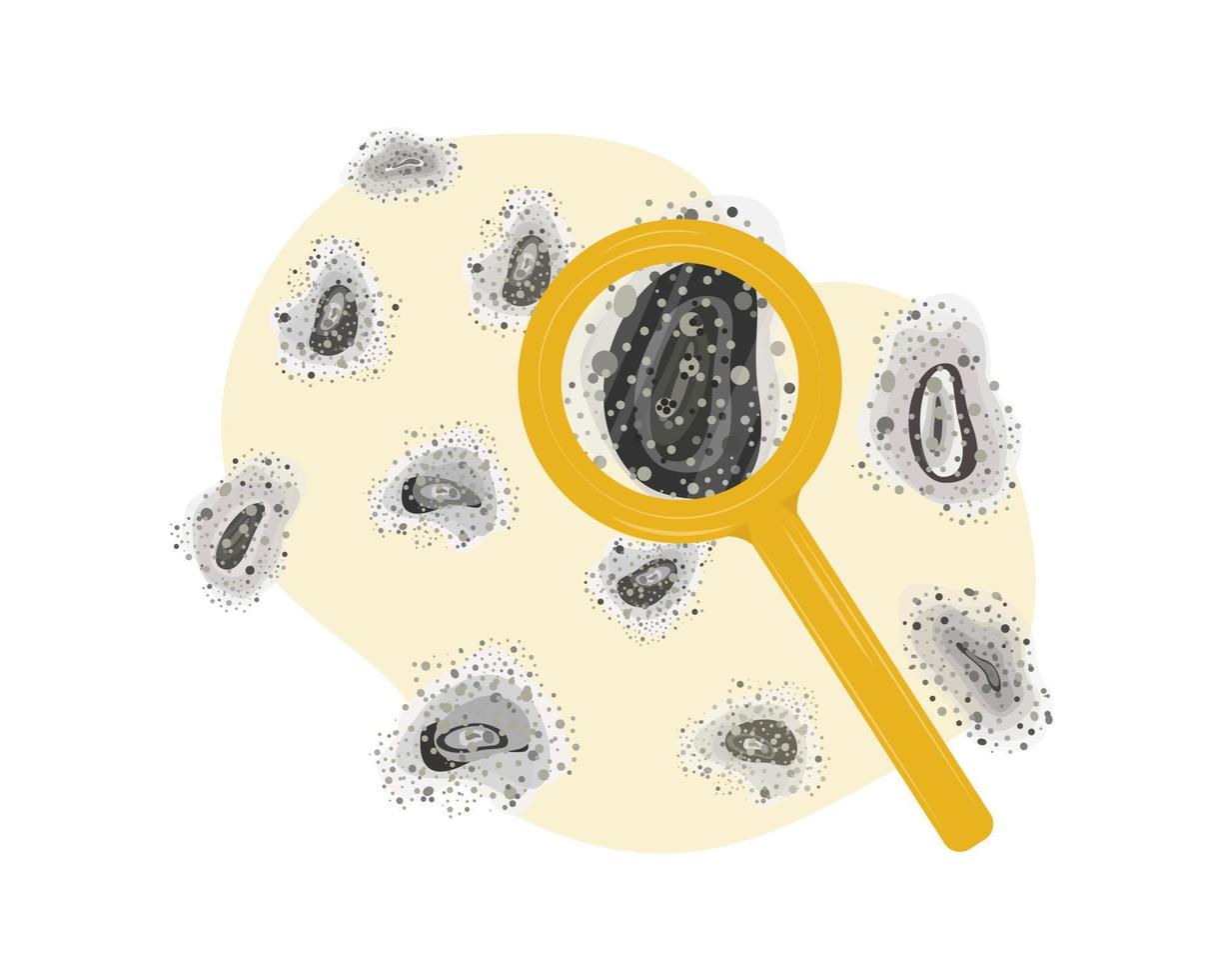 black mold concept. Aspergilloma black colony. Allergenic spots of toxic fungus through a magnifying glass. Vector illustration, flat
