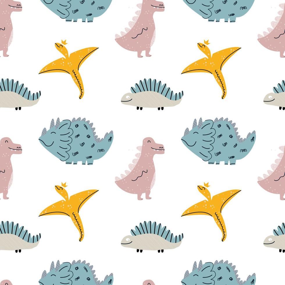 Cute baby pattern with dinosaurs, reptiles and lizards. Seamless background. Stylish ornament in Scandinavian style. Endless printing on fabric, children's textiles. Vector illustration, hand drawn