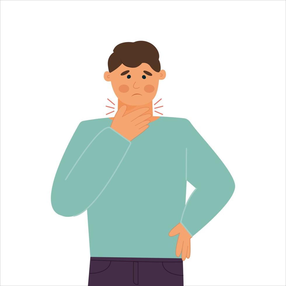 man with sore throat. Inflamed pharynx. Cold, flu and coronavirus symptoms. Isolated image. Cartoon character. Universal drug advertising design. Vector illustration, flat