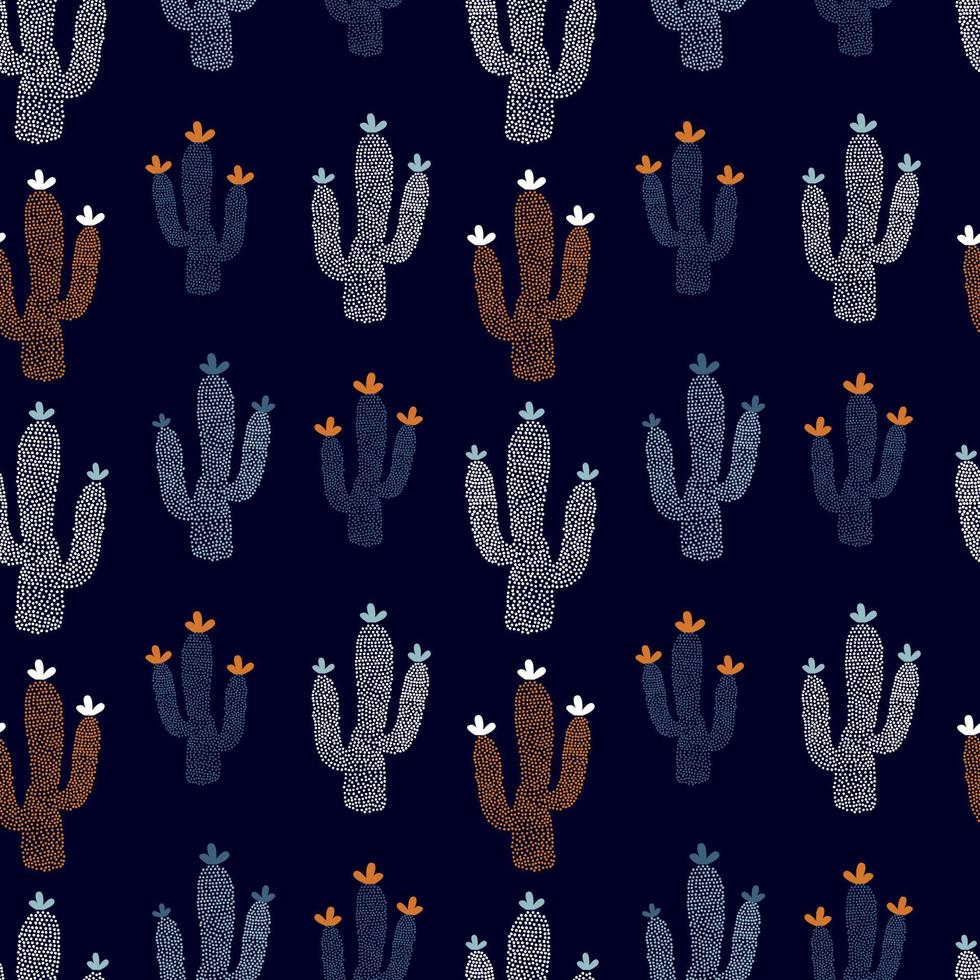 patrón de cactus hay un patrón sin fisuras en el fondo oscuro. silueta de suculenta. puntos. imagen estilizada. planta floreciendo. ilustración vectorial, dibujado a mano vector