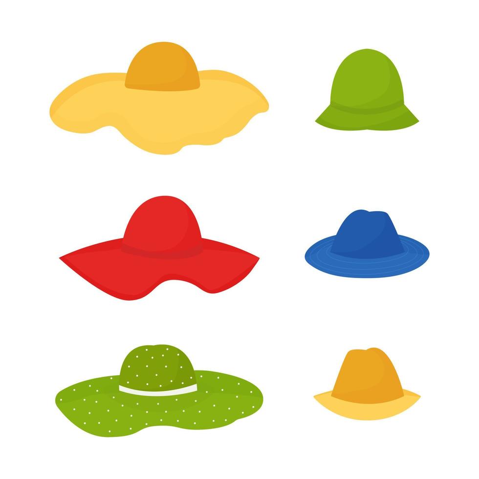 juego de 6 sombreros. sombreros unisex. playa panamá, sombrero de paja toquilla. artículo de vestuario de moda. elementos aislados de colores brillantes. gráficos vectoriales, planos vector