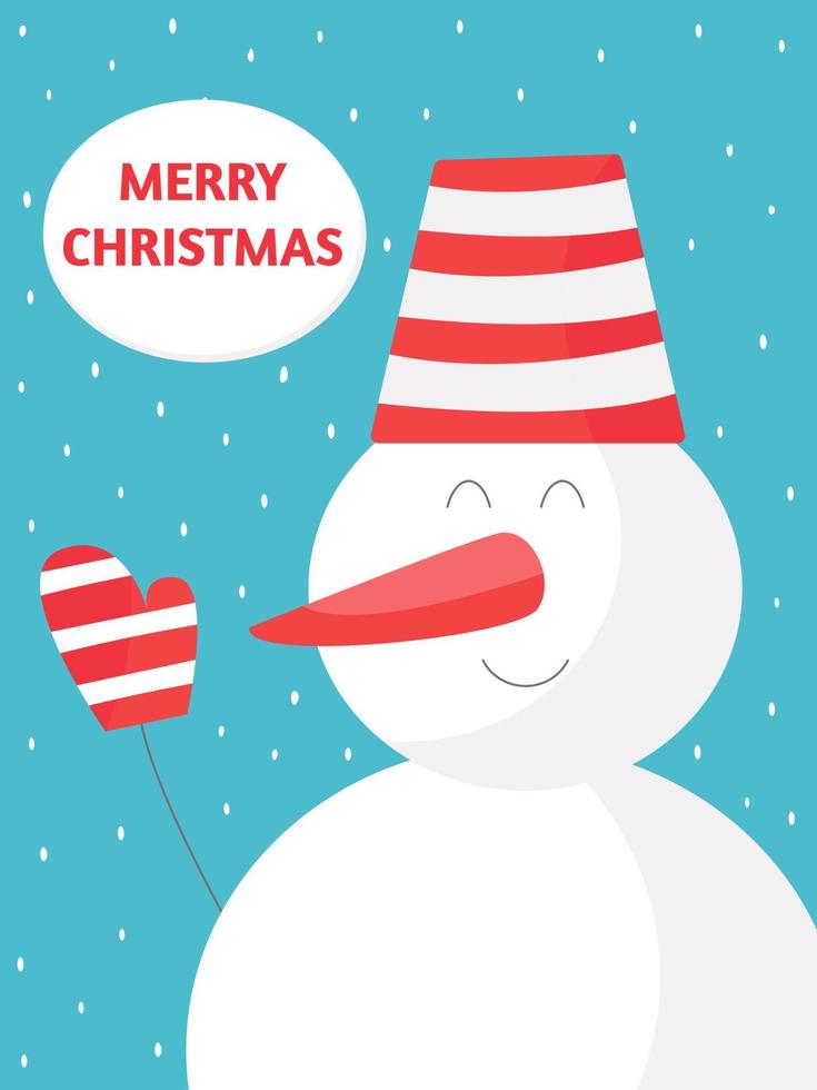 Snowman Christmas card. Cute winter character. Design template for New Year cards, wrapping a sweet gift. Festive poster, playbill, flyer. Vector illustration, flat