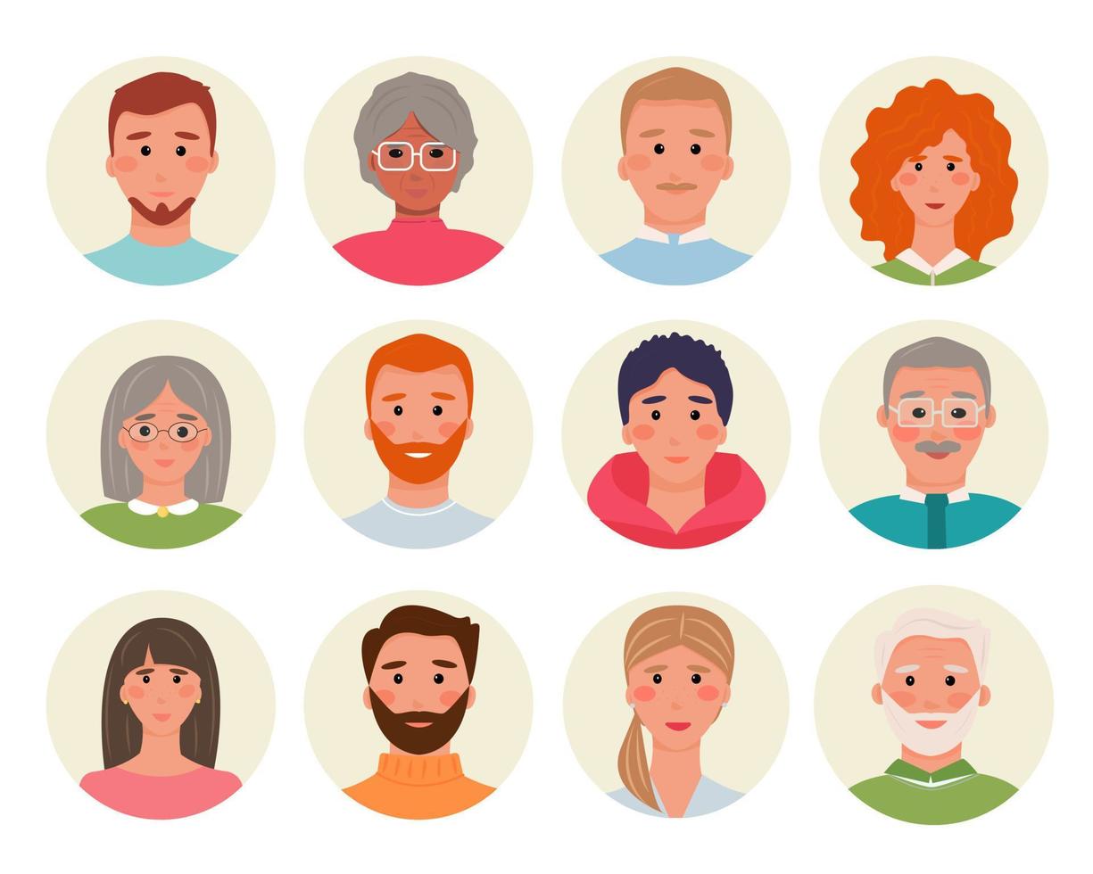 12 avatares brillantes de personas. personajes de diferentes razas y edades. hombres, mujeres y personas transgénero. diseño universal de foros, chat bots, soporte para tiendas online. ilustración vectorial, plano vector