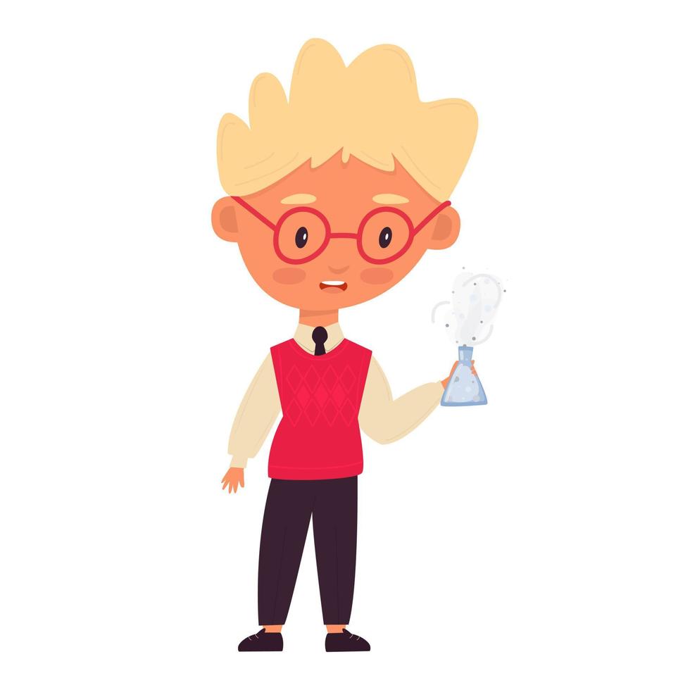 Pupil with test tube for chemical experiments. Child in school uniform. Funny cartoon character. Back to school. Vector illustration, flat