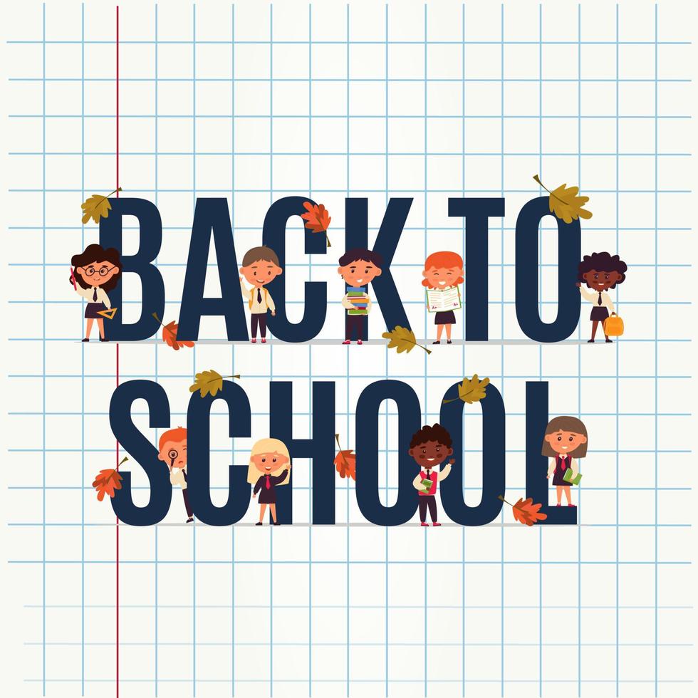card back to school. Young schoolchildren. 9 pupils in uniform. notebook sheet in cage. Layout of website of kindergarten, college. Start studying at educational institution. Vector illustration, flat