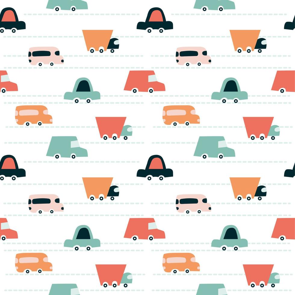 child truck pattern. Seamless background with cute lorry and traffic lights. Minimalistic design. Vector illustration, hand-drawn